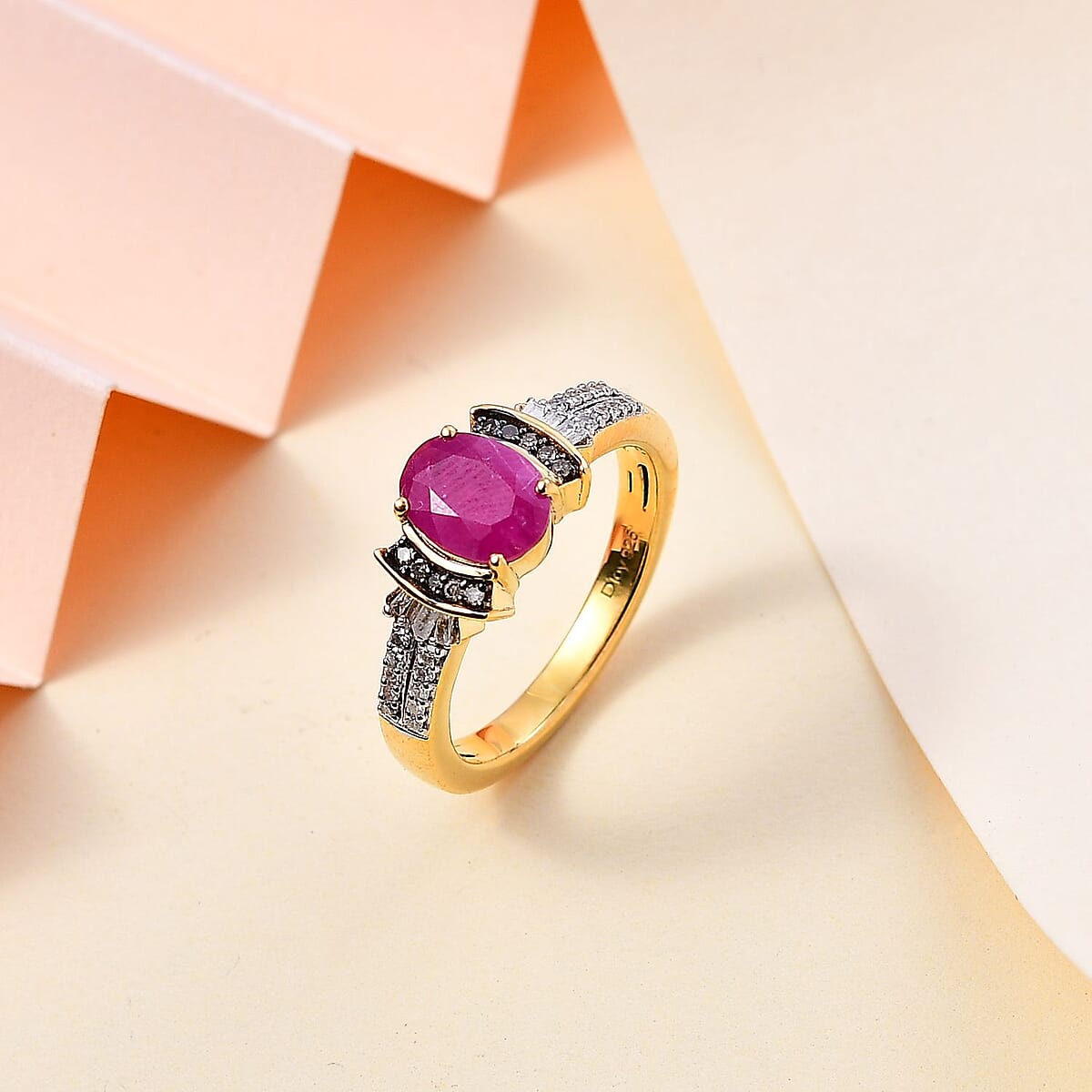 Premium Montepuez Ruby, Natural Champagne and White Diamond Ring in 18K Vermeil Yellow Gold Over Sterling Silver (Size 8.0) 1.80 ctw image number 1