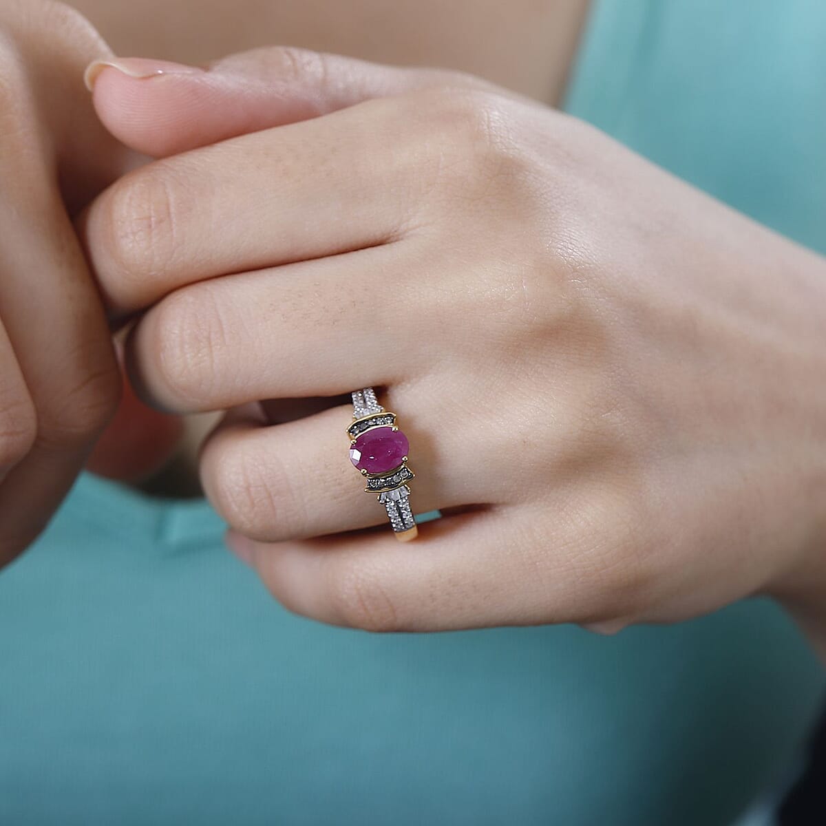 Premium Montepuez Ruby, Natural Champagne and White Diamond Ring in 18K Vermeil Yellow Gold Over Sterling Silver (Size 8.0) 1.80 ctw image number 2