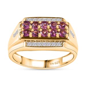 Radiant Ember Garnet and White Zircon Men's Ring in 18K Vermeil Yellow Gold Over Sterling Silver (Size 10.0) 1.90 ctw