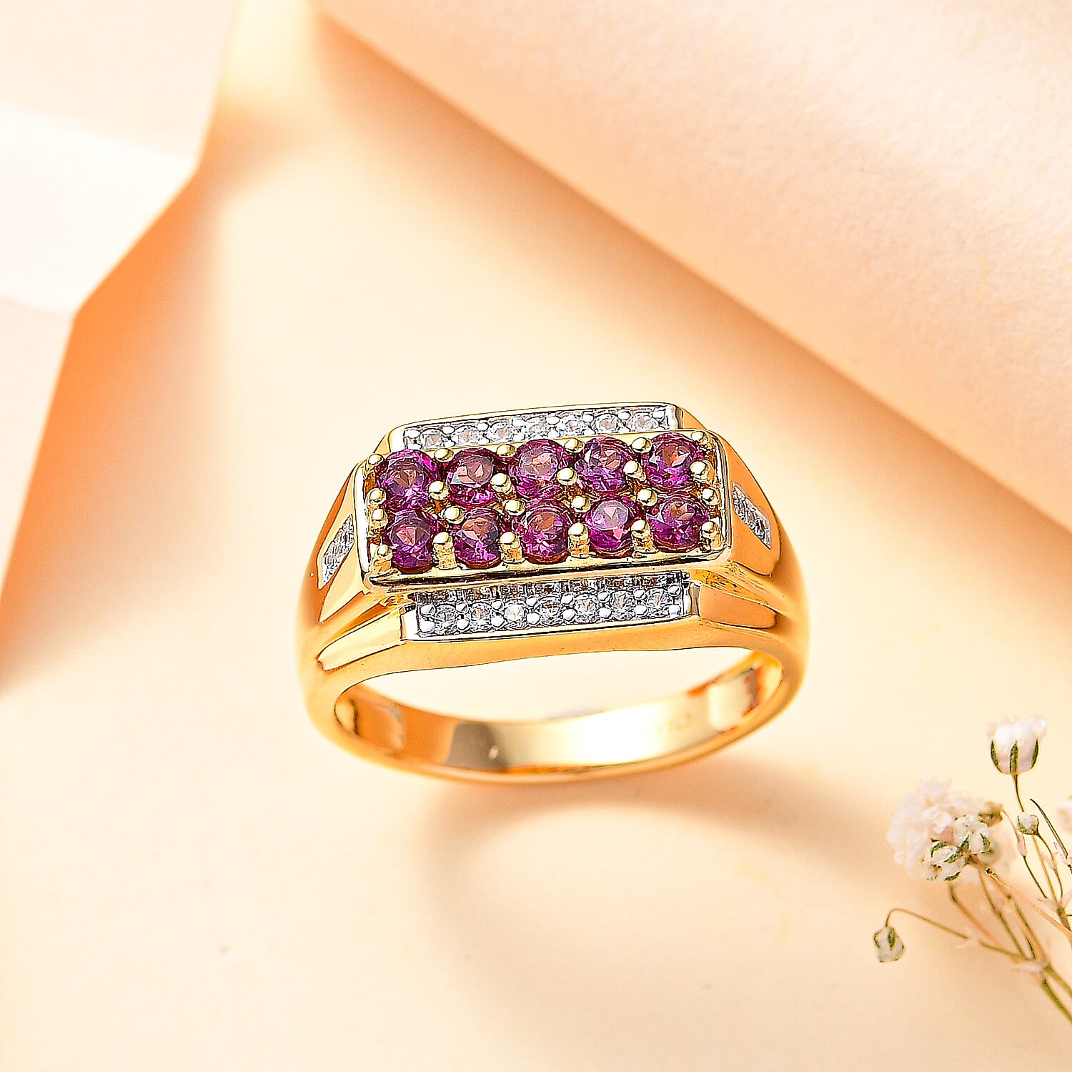 Radiant Ember Garnet and White Zircon Men's Ring in 18K Vermeil Yellow Gold Over Sterling Silver (Size 10.0) 1.90 ctw