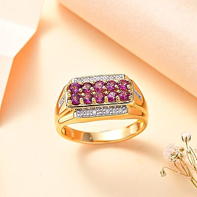 Radiant Ember Garnet and White Zircon Men's Ring in 18K Vermeil Yellow Gold Over Sterling Silver (Size 10.0) 1.90 ctw