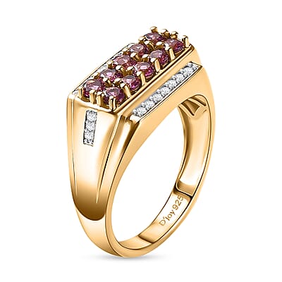 Radiant Ember Garnet and White Zircon Men's Ring in 18K Vermeil Yellow Gold Over Sterling Silver (Size 10.0) 1.90 ctw