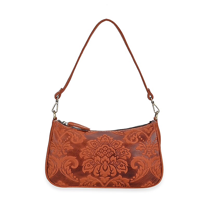 Italy Retro Noble Collection Orange Genuine Leather Embossed Crossbody Bag (11.8x3.3x6.7) with Shoulder Strap
