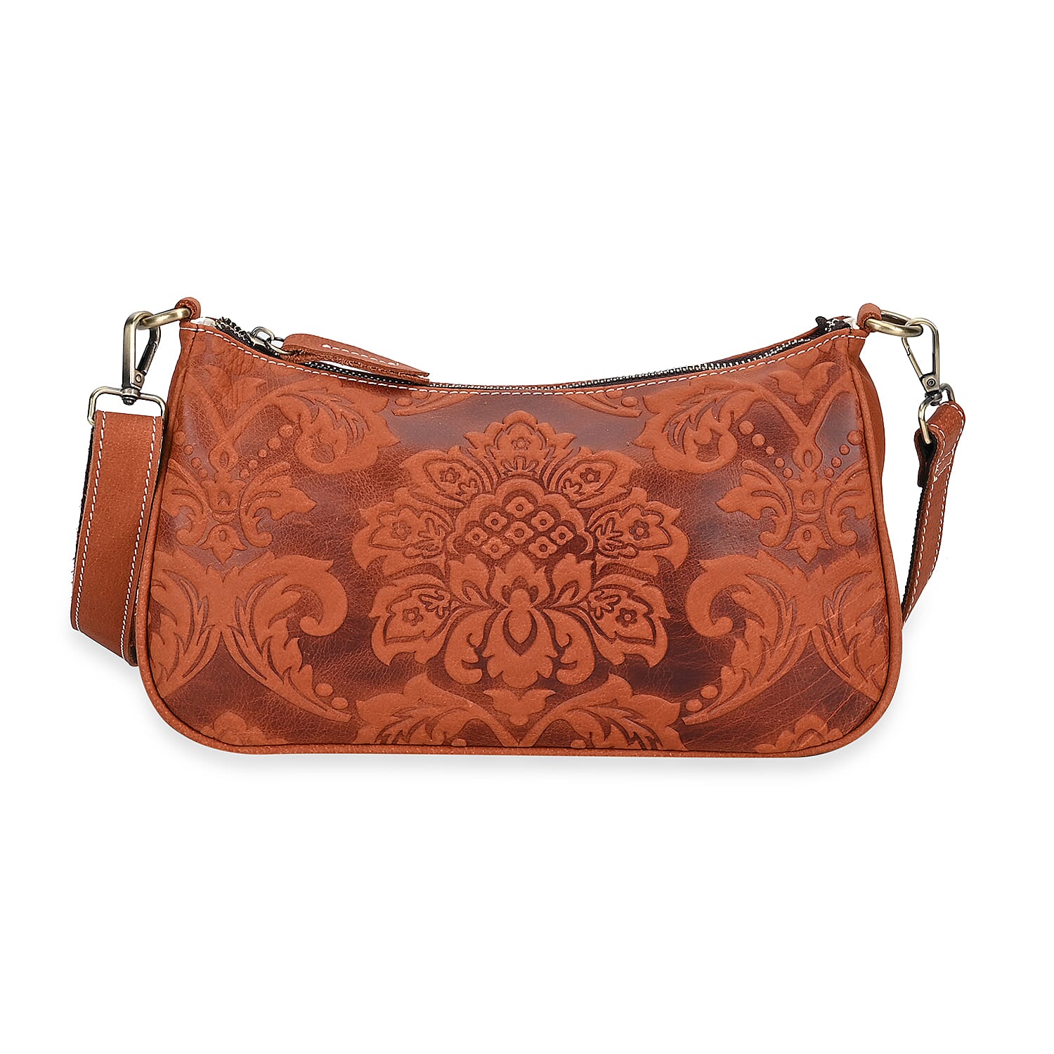 Italy Retro Noble Collection Orange Genuine Leather Embossed Crossbody Bag (11.8x3.3x6.7) with Shoulder Strap