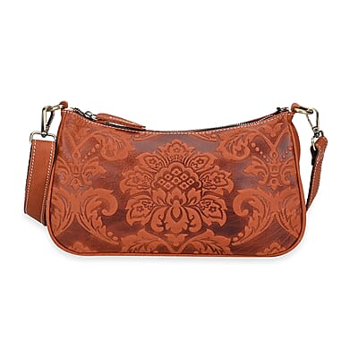 Italy Retro Noble Collection Orange Genuine Leather Embossed Crossbody Bag (11.8x3.3x6.7) with Shoulder Strap
