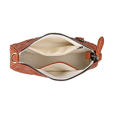 Italy Retro Noble Collection Orange Genuine Leather Embossed Crossbody Bag (11.8x3.3x6.7) with Shoulder Strap