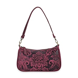 Italy Retro Noble Collection Burgundy Genuine Leather Embossed Crossbody Bag with Shoulder Strap