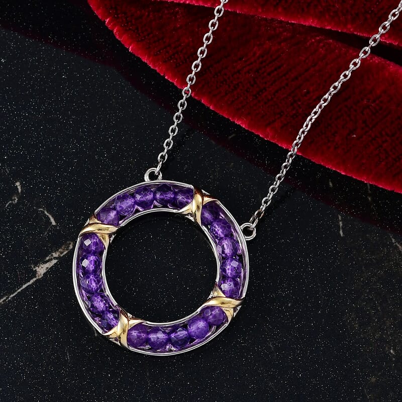 Karis African Amethyst 10.00 ctw Circle Necklace 18K YG Plated, Platinum Bond and Stainless Steel 18-20 Inches