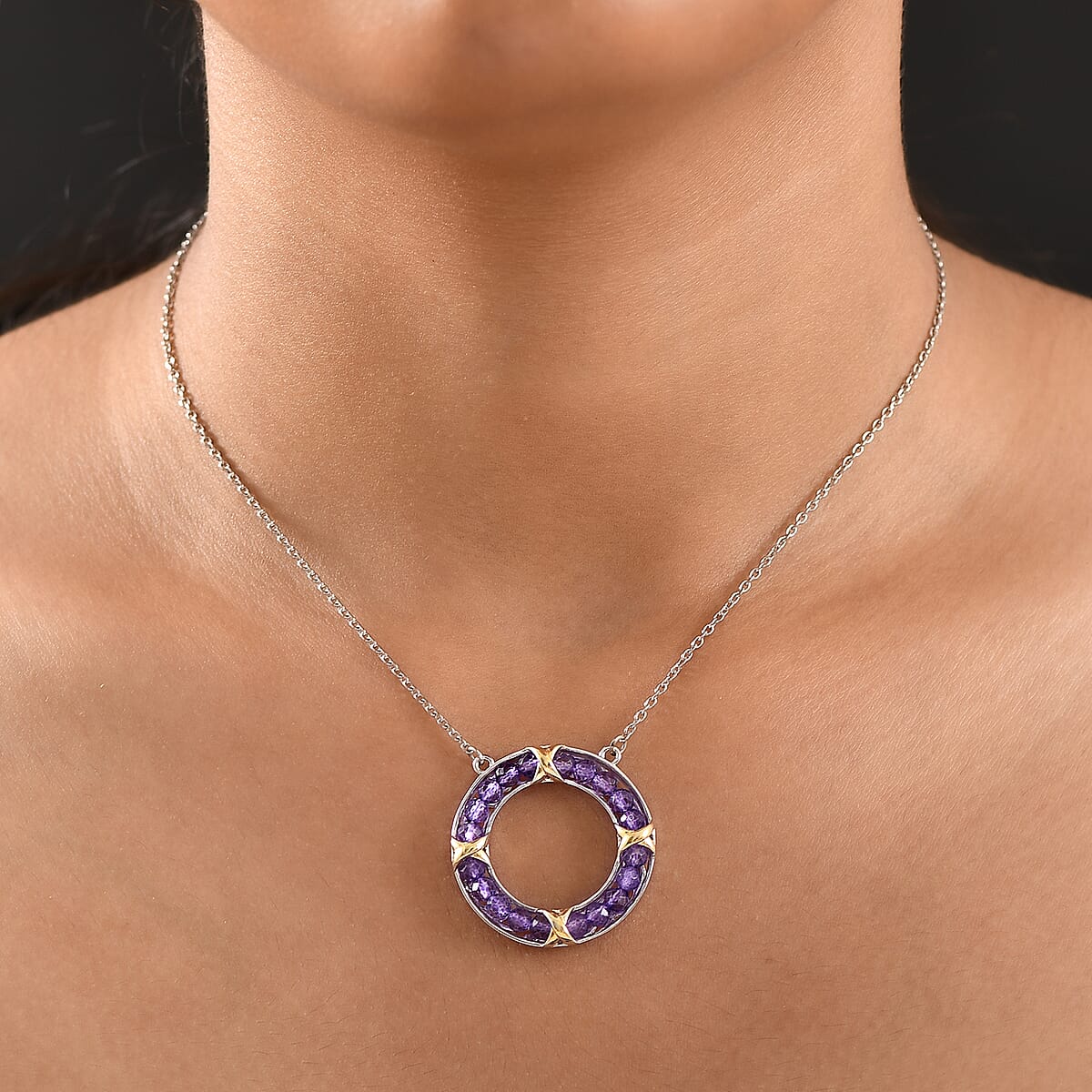 Karis African Amethyst 10.00 ctw Circle Necklace 18K YG Plated, Platinum Bond and Stainless Steel 18 Inches image number 2