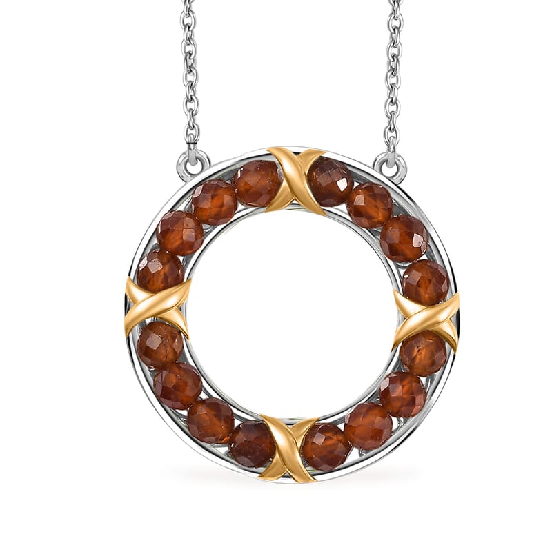 Karis Ceylon Hessonite Garnet 10.30 ctw XOXO Circle Necklace in 18K YG Plated and Platinum Bond with Stainless Steel 18-20 Inches