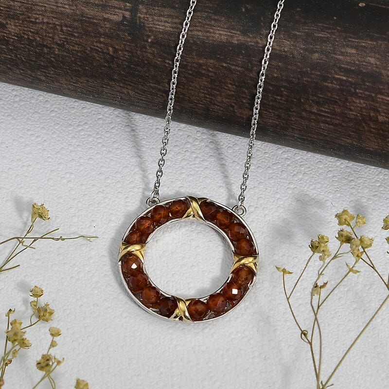 Karis Ceylon Hessonite Garnet 10.30 ctw XOXO Circle Necklace in 18K YG Plated and Platinum Bond with Stainless Steel 18-20 Inches