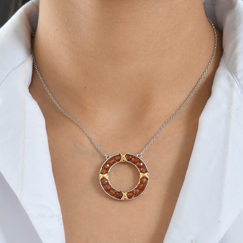 Karis Ceylon Hessonite Garnet 10.30 ctw XOXO Circle Necklace in 18K YG Plated and Platinum Bond with Stainless Steel 18-20 Inches