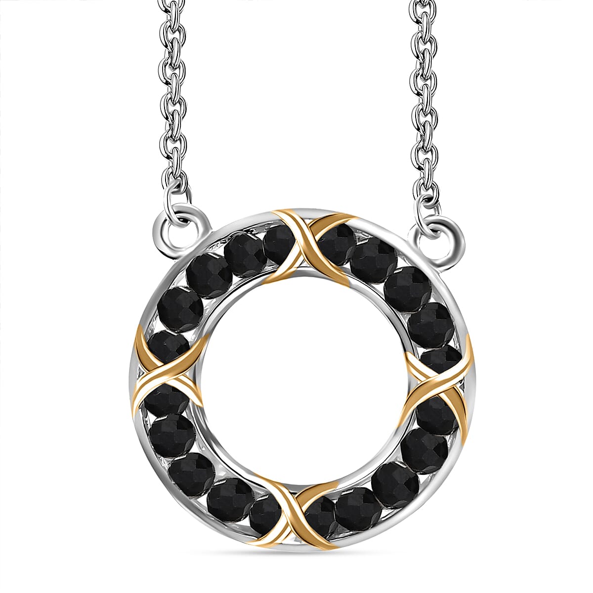 EverTrue Thai Black Spinel 4.80 ctw XOXO Circle Necklace in 18K YG Plated and Platinum Bond with Stainless Steel 18 Inches image number 0