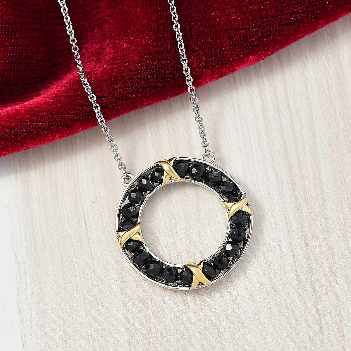 EverTrue Thai Black Spinel 4.80 ctw XOXO Circle Necklace in 18K YG Plated and Platinum Bond with Stainless Steel 18 Inches image number 1