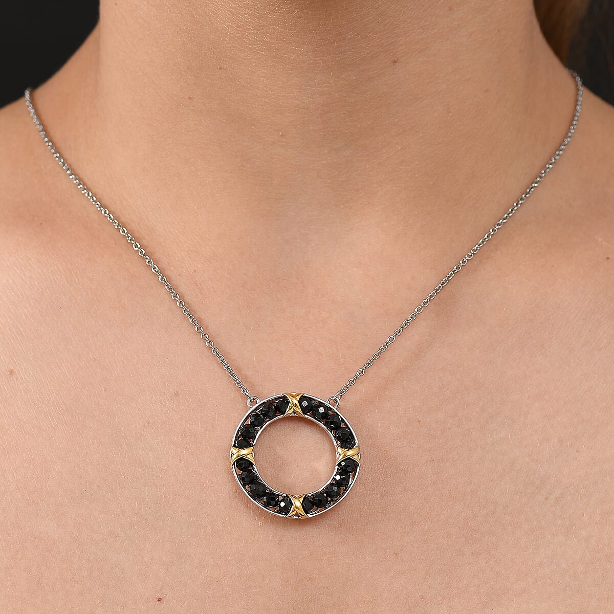 EverTrue Thai Black Spinel 4.80 ctw XOXO Circle Necklace in 18K YG Plated and Platinum Bond with Stainless Steel 18 Inches image number 2