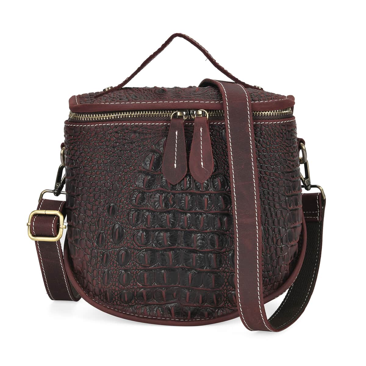 Italy Retro Noble Collection Burgundy Crocodile Embossed Genuine Leather Crossbody Bag with Shoulder Strap image number 0