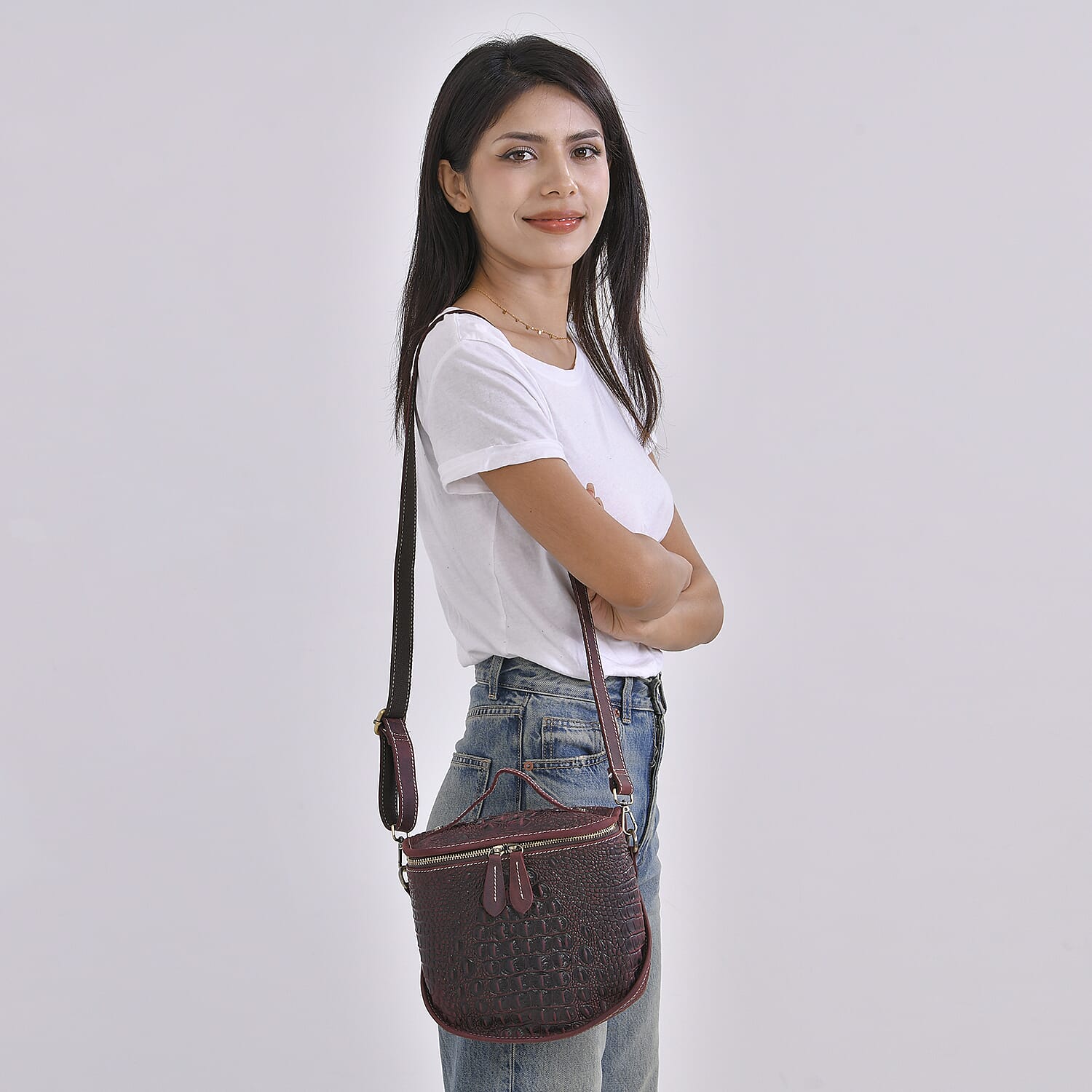 Italy Retro Noble Collection Burgundy Crocodile Embossed Genuine Leather Crossbody Bag with Shoulder Strap