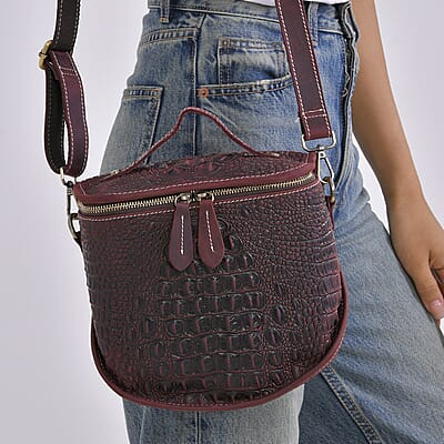 Italy Retro Noble Collection Burgundy Crocodile Embossed Genuine Leather Crossbody Bag with Shoulder Strap