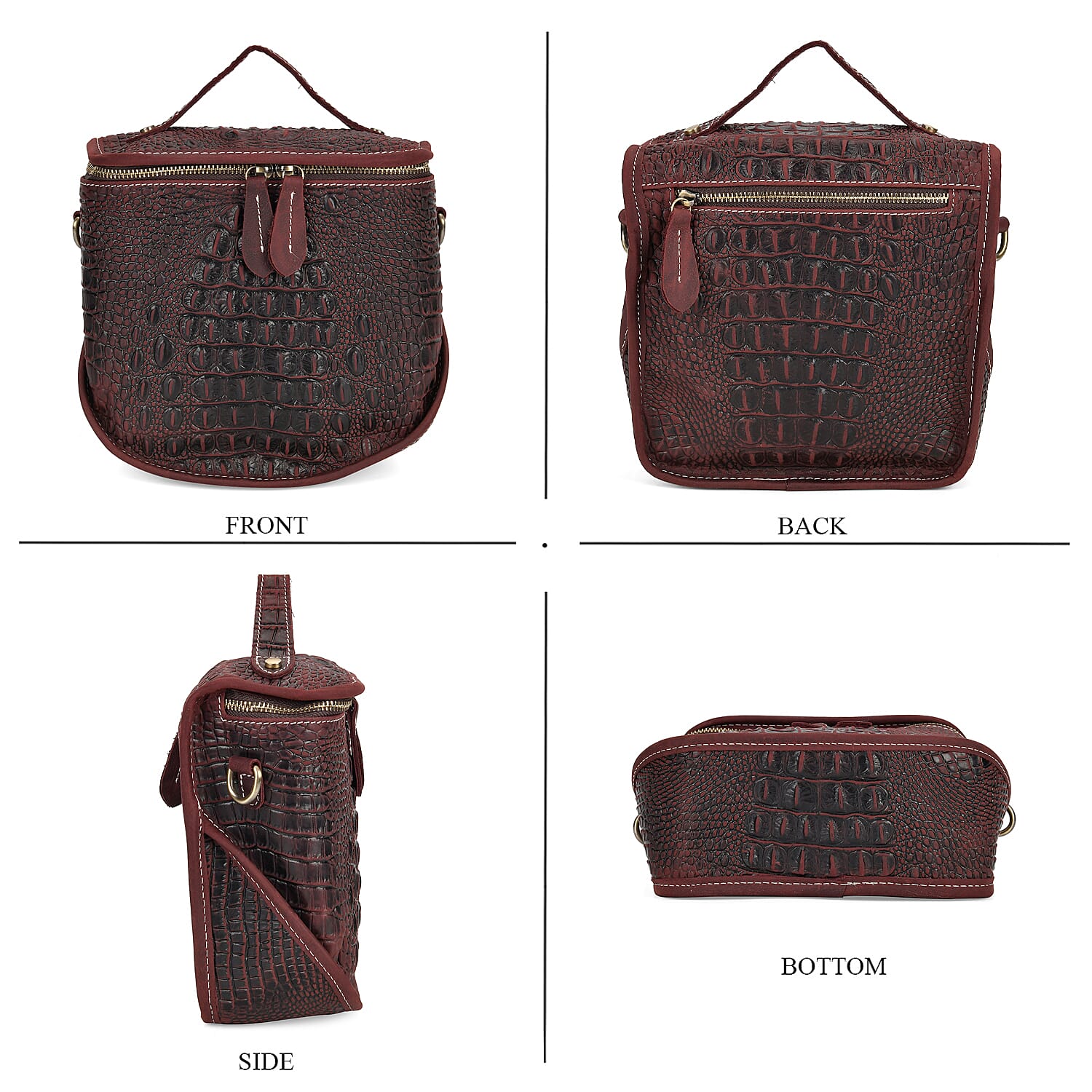 Italy Retro Noble Collection Burgundy Crocodile Embossed Genuine Leather Crossbody Bag with Shoulder Strap