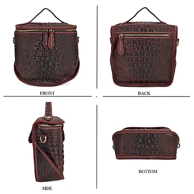 Italy Retro Noble Collection Burgundy Crocodile Embossed Genuine Leather Crossbody Bag with Shoulder Strap