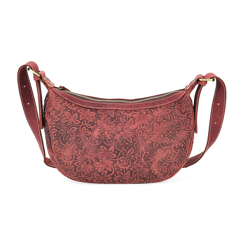Italy Retro Noble Collection Burgundy Color Floral Embossed Genuine Leather Crossbody Bag With Shoulder Strap