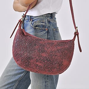 Italy Retro Noble Collection Burgundy Color Floral Embossed Genuine Leather Crossbody Bag With Shoulder Strap