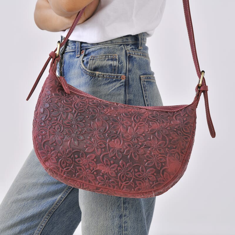 Italy Retro Noble Collection Burgundy Color Floral Embossed Genuine Leather Crossbody Bag With Shoulder Strap