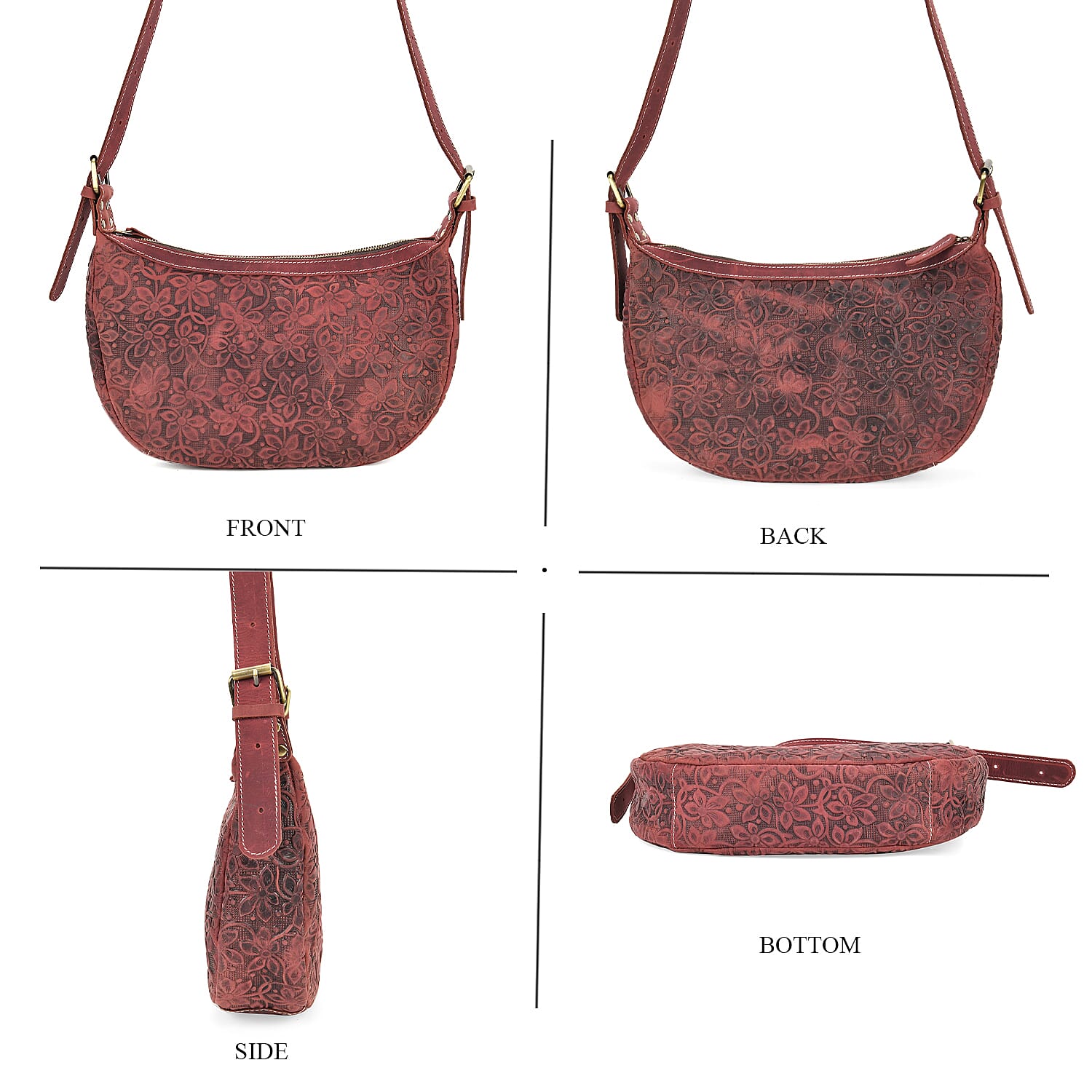 Italy Retro Noble Collection Burgundy Color Floral Embossed Genuine Leather Crossbody Bag With Shoulder Strap