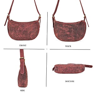 Italy Retro Noble Collection Burgundy Color Floral Embossed Genuine Leather Crossbody Bag With Shoulder Strap
