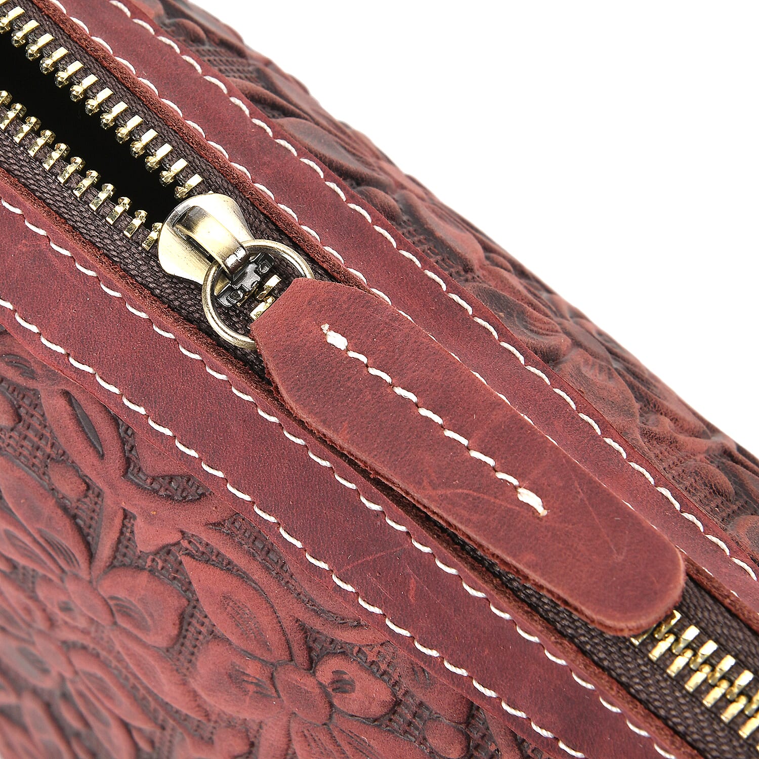 Italy Retro Noble Collection Burgundy Color Floral Embossed Genuine Leather Crossbody Bag With Shoulder Strap