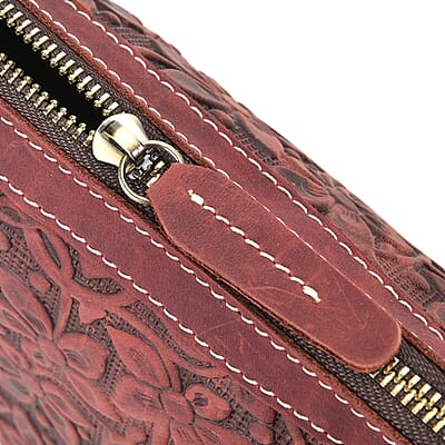 Italy Retro Noble Collection Burgundy Color Floral Embossed Genuine Leather Crossbody Bag With Shoulder Strap