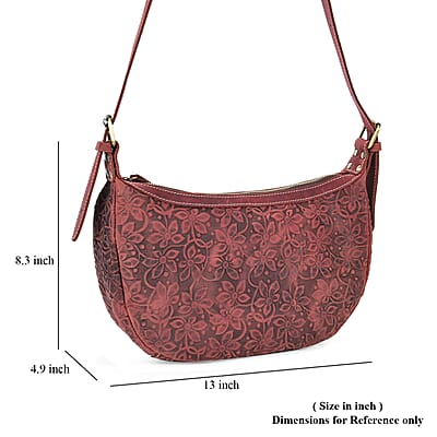 Italy Retro Noble Collection Burgundy Color Floral Embossed Genuine Leather Crossbody Bag With Shoulder Strap