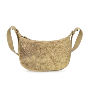 Italy Retro Noble Collection Olive Color Floral Embossed Genuine Leather Crossbody Bag With Shoulder Strap