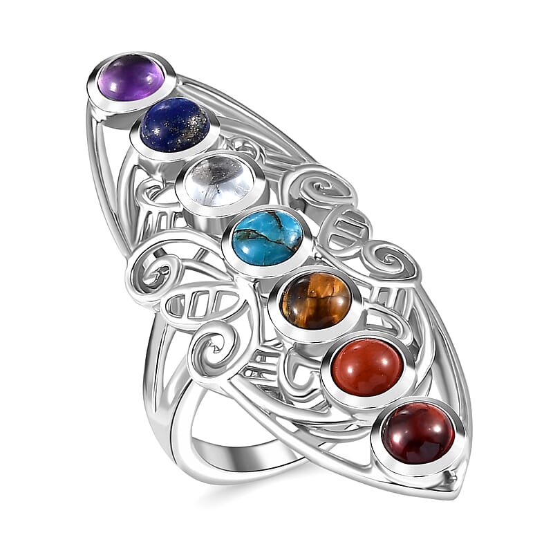Karis Multi Gemstone 3.90 ctw Seven Chakra Elongated Ring in Platinum Bond (Size 10.0)