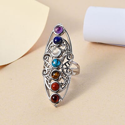 Karis Multi Gemstone 3.90 ctw Seven Chakra Elongated Ring in Platinum Bond (Size 10.0)