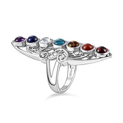 Karis Multi Gemstone 3.90 ctw Seven Chakra Elongated Ring in Platinum Bond (Size 10.0)