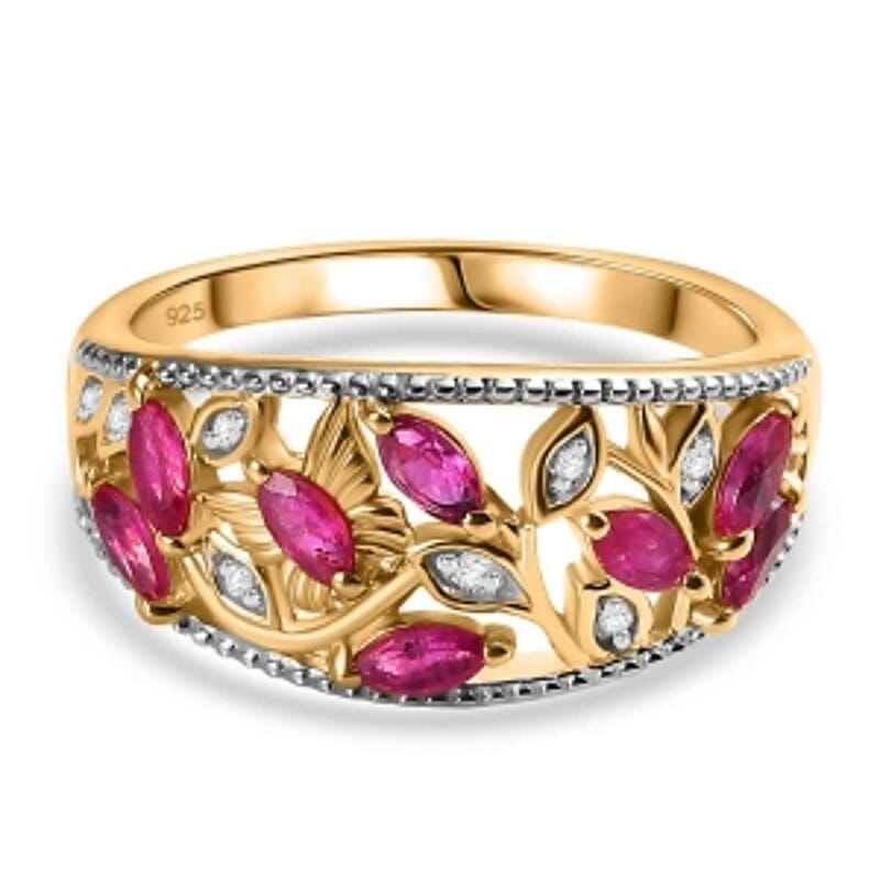 Montepuez Ruby and White Zircon 1.06 ctw Fancy Ring in 18K Vermeil Yellow Gold Over Sterling Silver (Size 6.5)