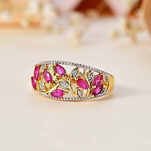 Montepuez Ruby and White Zircon 1.06 ctw Fancy Ring in 18K Vermeil Yellow Gold Over Sterling Silver (Size 6.5)