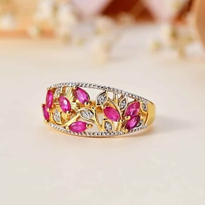 Montepuez Ruby and White Zircon 1.06 ctw Fancy Ring in 18K Vermeil Yellow Gold Over Sterling Silver (Size 6.5)