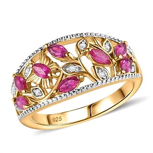Montepuez Ruby and White Zircon 1.06 ctw Fancy Ring in 18K Vermeil Yellow Gold Over Sterling Silver (Size 6.5)