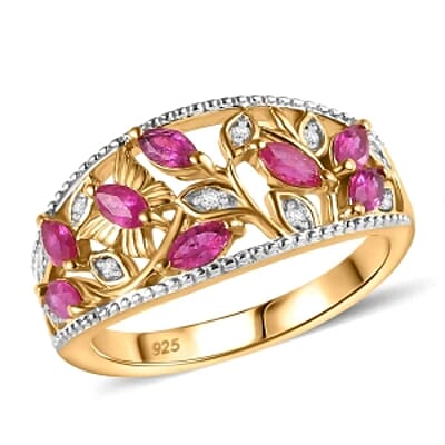Montepuez Ruby and White Zircon 1.06 ctw Fancy Ring in 18K Vermeil Yellow Gold Over Sterling Silver (Size 6.5)