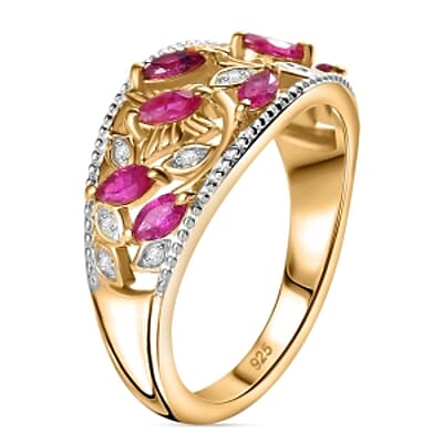 Montepuez Ruby and White Zircon 1.06 ctw Fancy Ring in 18K Vermeil Yellow Gold Over Sterling Silver (Size 6.5)
