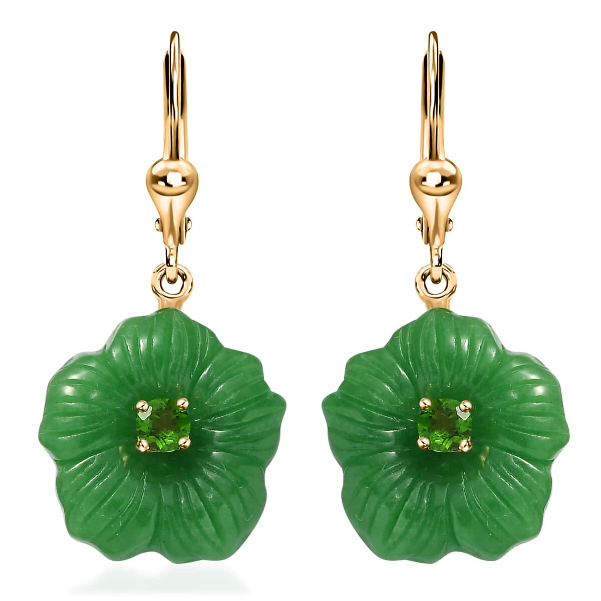 Green Jade Carved (D) and Chrome Diopside 37.75 ctw Primrose Floral Lever Back Earrings in 18K Vermeil Yellow Gold Over Sterling Silver image number 0