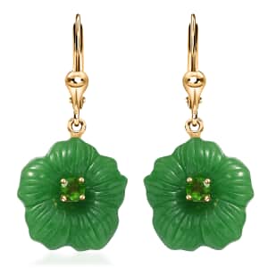 Green Jade Carved (D) and Chrome Diopside 37.75 ctw Primrose Floral Lever Back Earrings in 18K Vermeil Yellow Gold Over Sterling Silver