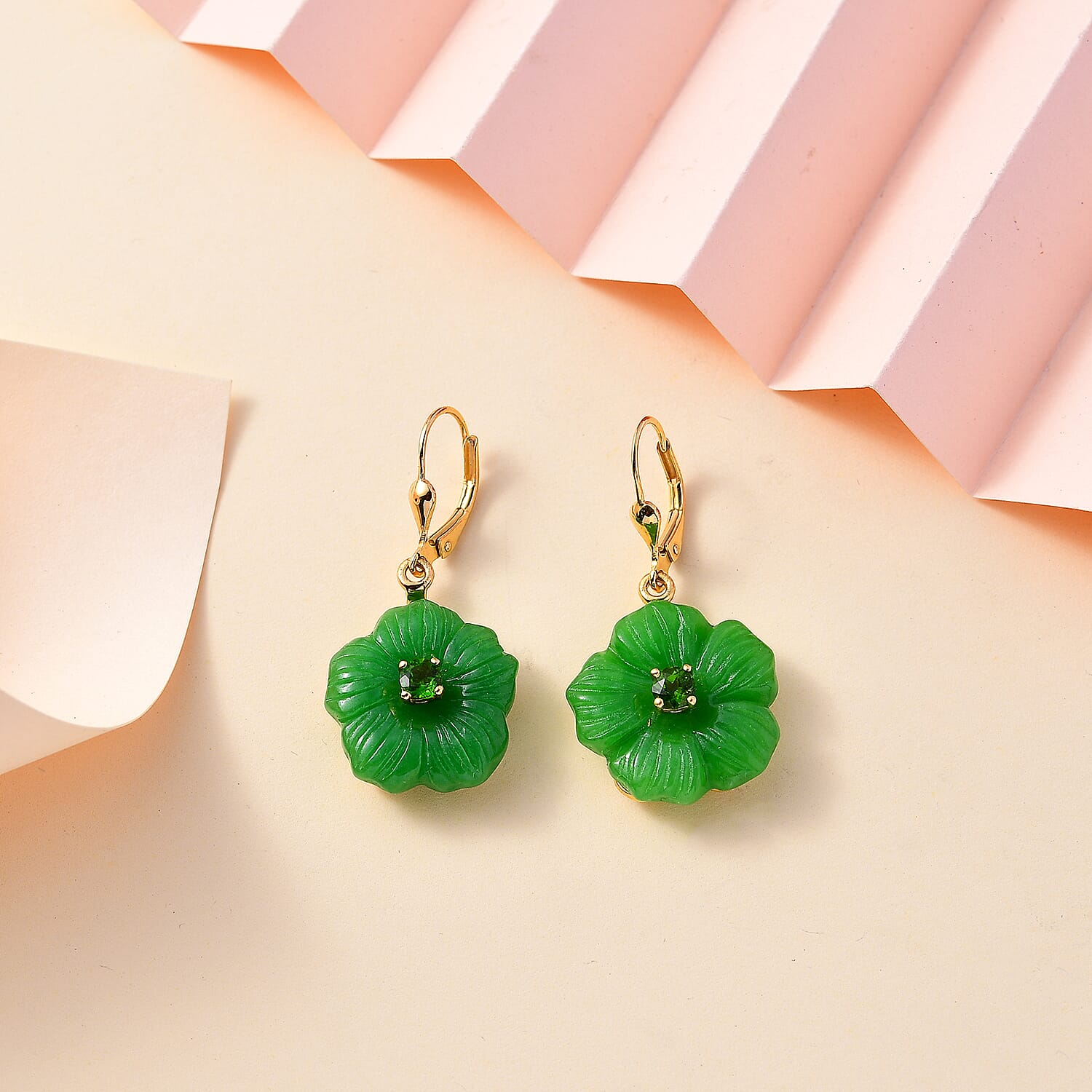 Green Jade Carved (D) and Chrome Diopside 37.75 ctw Primrose Floral Lever Back Earrings in 18K Vermeil Yellow Gold Over Sterling Silver