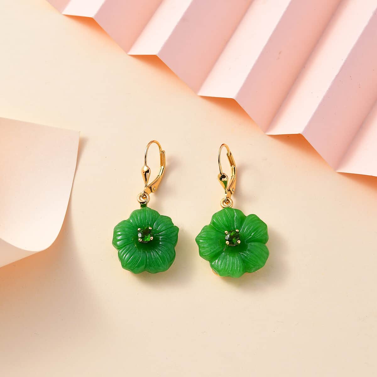 Green Jade Carved (D) and Chrome Diopside 37.75 ctw Primrose Floral Lever Back Earrings in 18K Vermeil Yellow Gold Over Sterling Silver image number 1