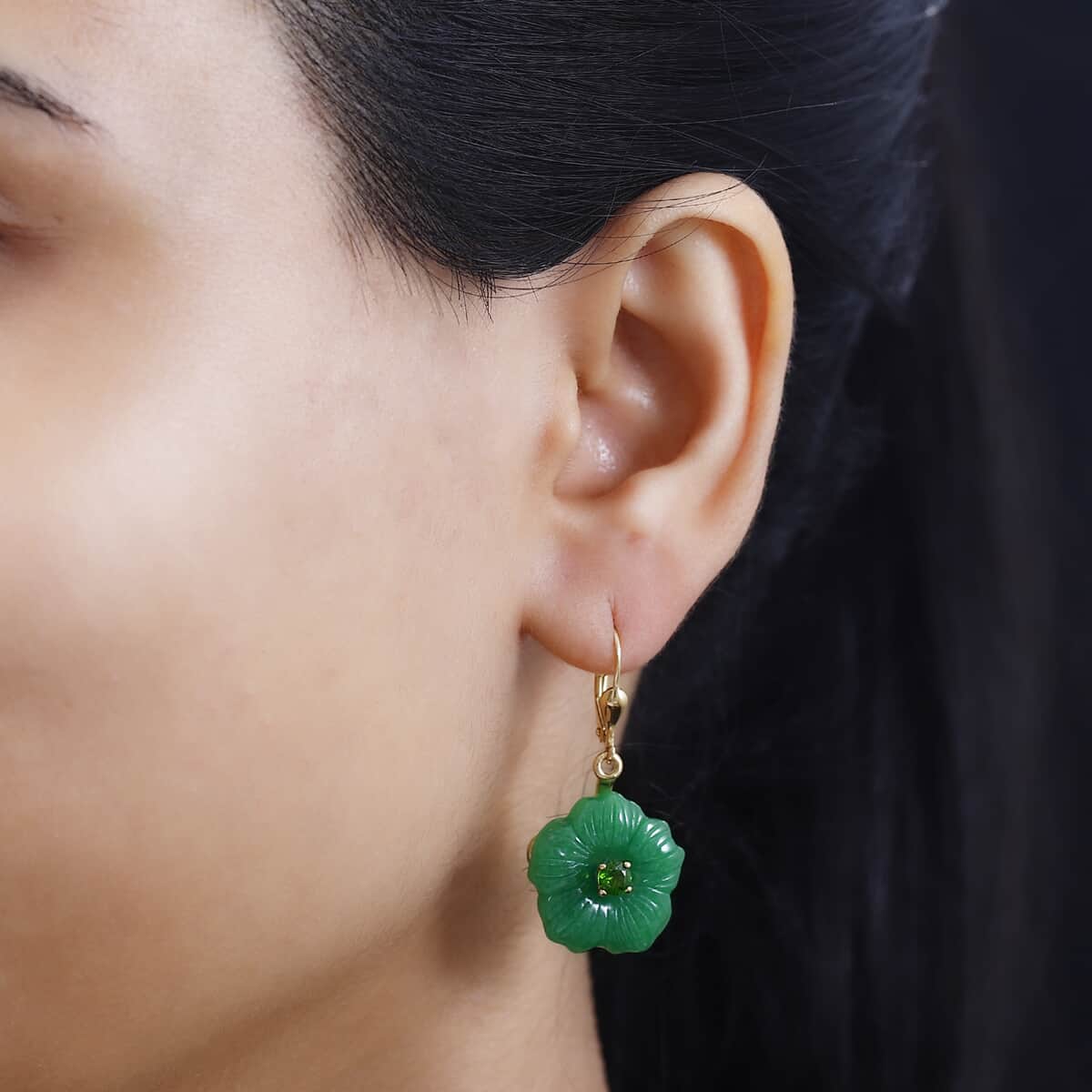 Green Jade Carved (D) and Chrome Diopside 37.75 ctw Primrose Floral Lever Back Earrings in 18K Vermeil Yellow Gold Over Sterling Silver image number 2