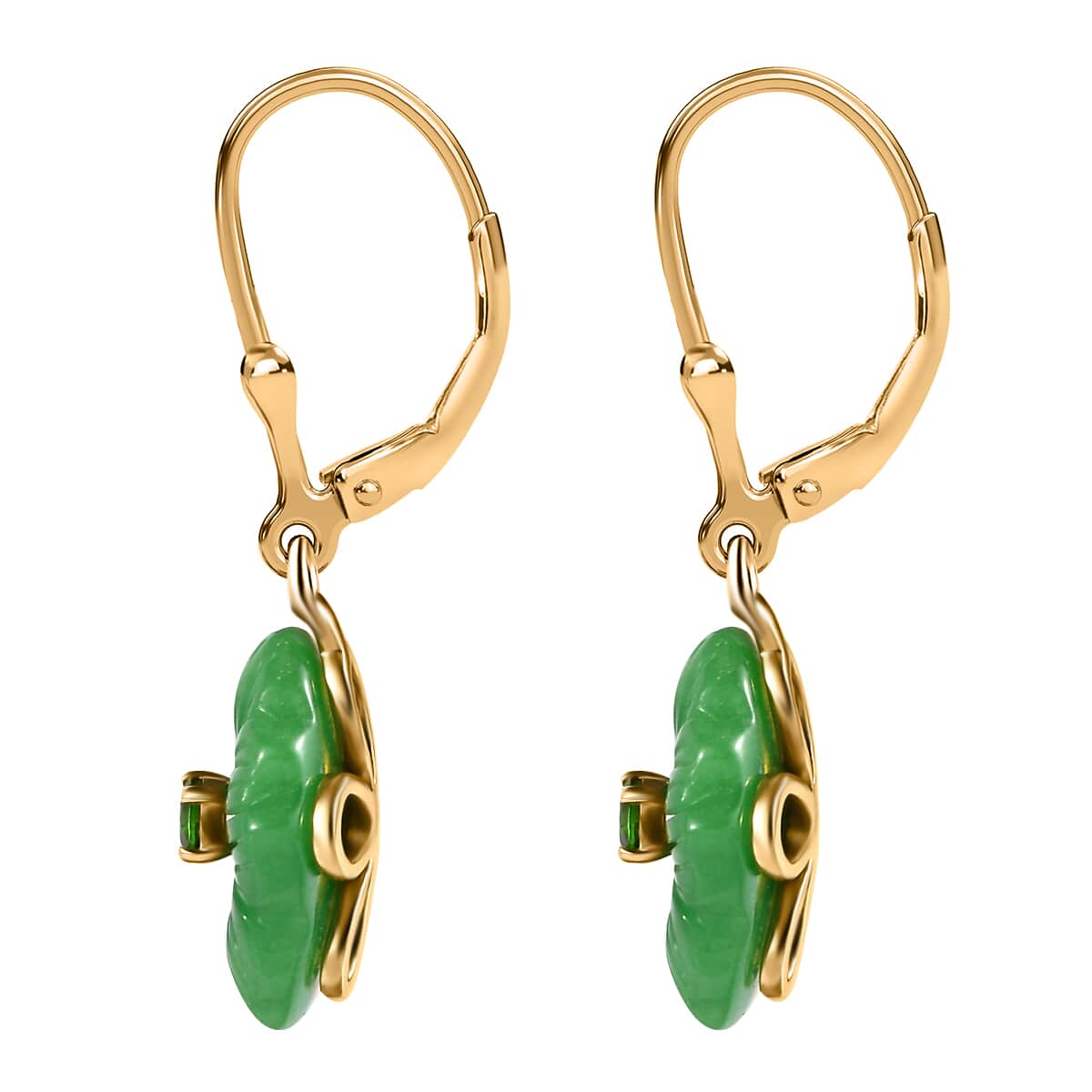 Green Jade Carved (D) and Chrome Diopside 37.75 ctw Primrose Floral Lever Back Earrings in 18K Vermeil Yellow Gold Over Sterling Silver image number 3