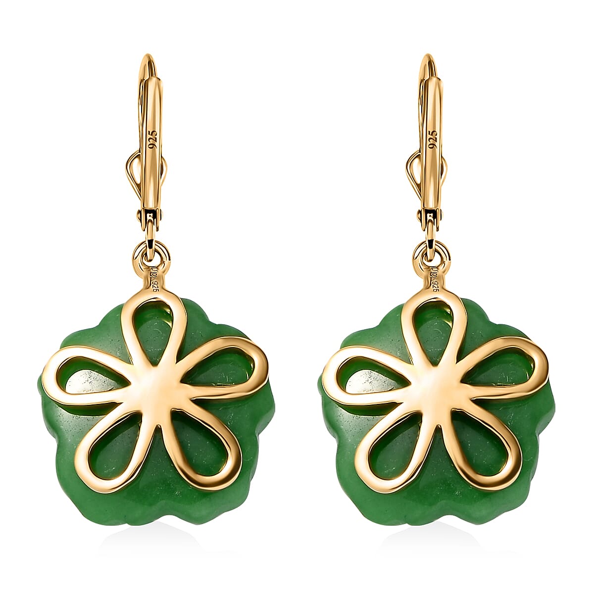 Green Jade Carved (D) and Chrome Diopside 37.75 ctw Primrose Floral Lever Back Earrings in 18K Vermeil Yellow Gold Over Sterling Silver