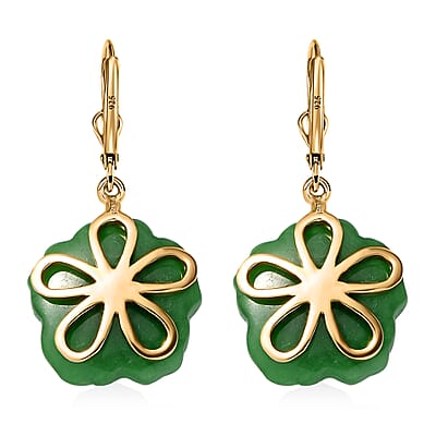 Green Jade Carved (D) and Chrome Diopside 37.75 ctw Primrose Floral Lever Back Earrings in 18K Vermeil Yellow Gold Over Sterling Silver